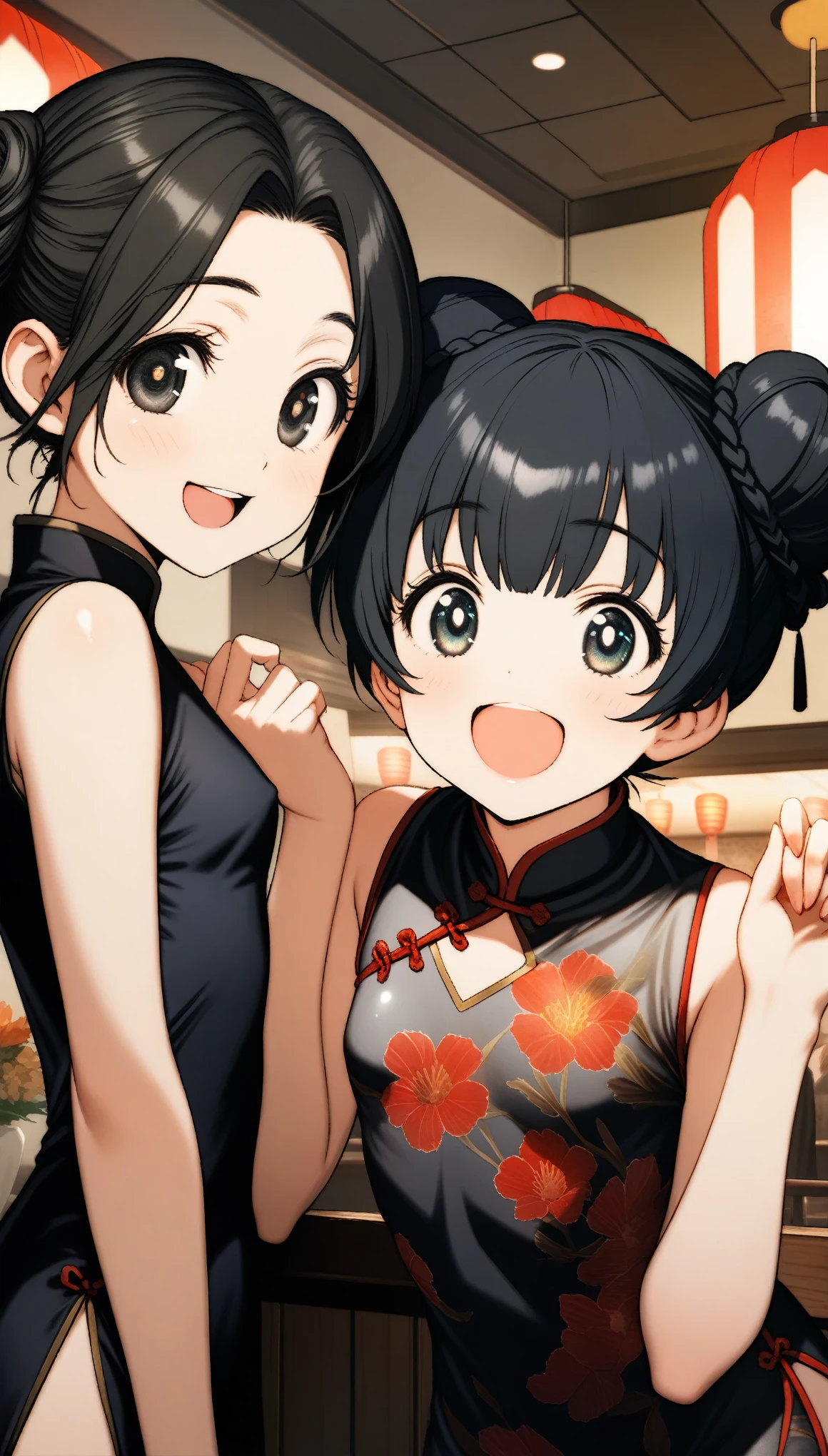 32k, best quality, ultra high res, HDR, UHD, extremely detailed CG, unity 32k wallpaper, (((masterpiece))), (((best quality))), (((ultra-detailed))), (((an extremely delicate and beautiful))), (((beautiful detailed eyes))), (((beautiful various flower background))), (smile), (((chinese restaurant))), ((((mini china dress)))), (((Chinese cuisine))), (((cute))), (((cute eyes))), (((open mouth laugh))), (((five fingers without defects))), (((bun hairstyle))), ((((glossy black hair)))), (((16 years old))), (((small tits))),(((32k))),
