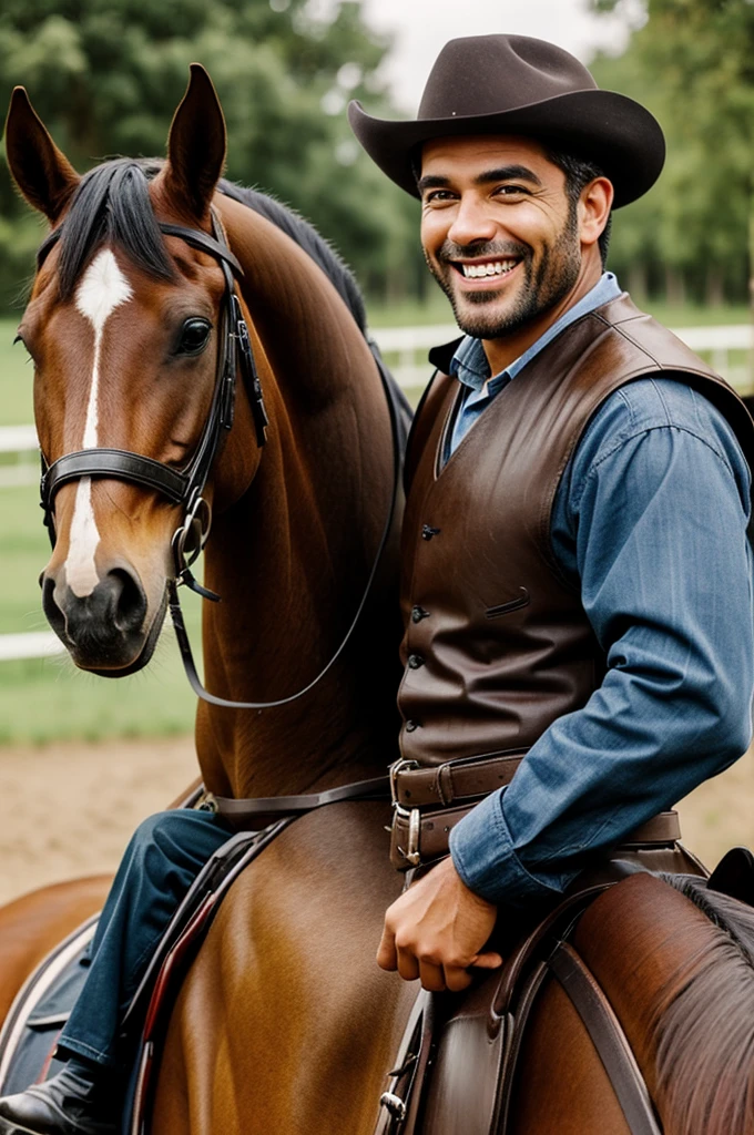 A man smiling on a horse