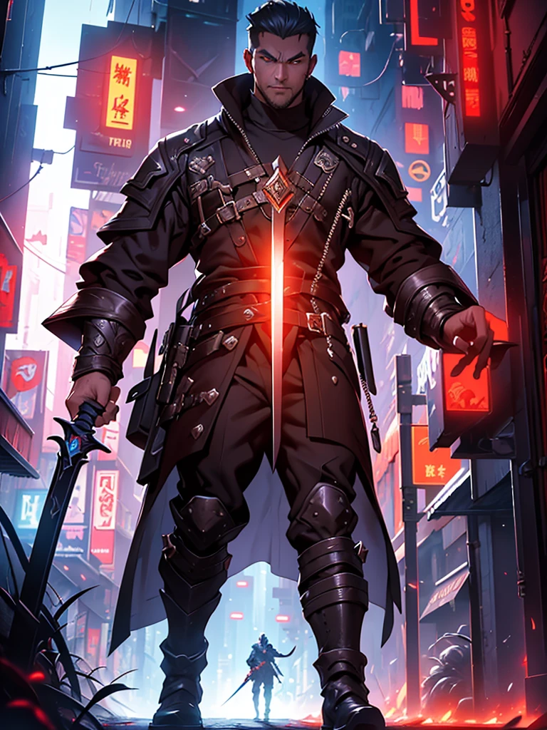 man with sword and demon dog, In cyberpunk, Cover of the novel Litrpg, Cover of the novel for the book, Cover of an epic fantasy novel, Centralized Urban Fantasy, style Raymond Swanland, fantasy book cover, stylized work of urban fantasy, Cover of a young adult fantasy novel, epic light novel cover, blood magic, blood, Magic effect 