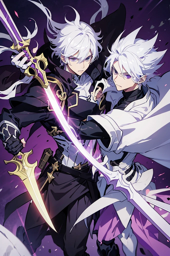 A 25 years old anime man with white hair, holding a kamish wrath  Dagger, Wearing a dark and purple Armor 