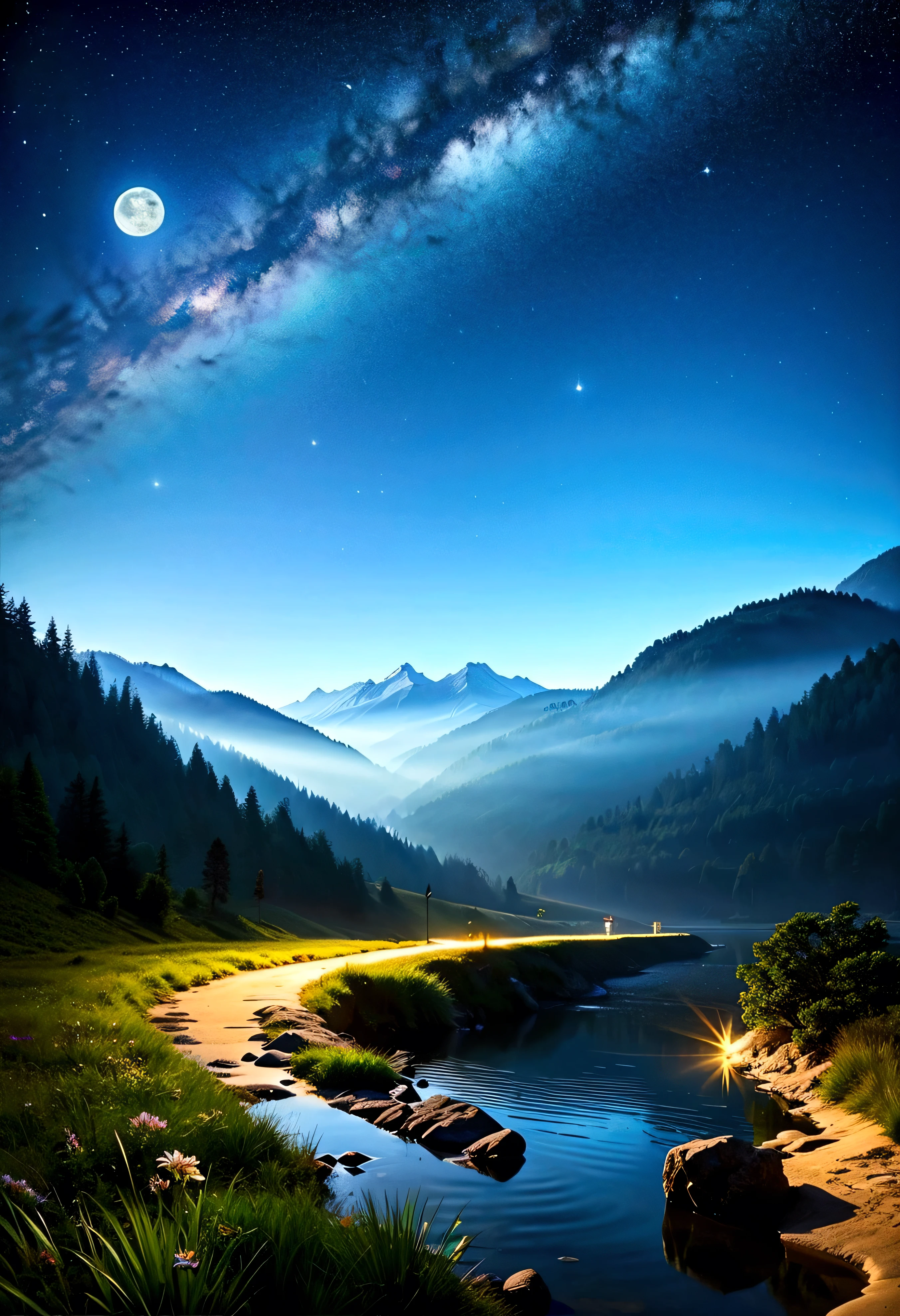 highest quality、Landscape painting、nature、night景、night、moon、Starry Sky