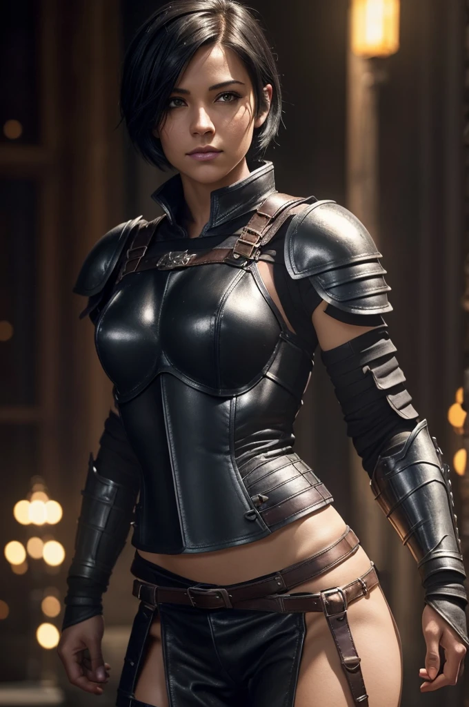 A beautiful female rogue, short black hair, Dungeons and Dragons aesthetic, (((skimpy sexy leather armour))), high detail face, high detail skin, 8, HDR, high resolution, photo-realistic, cinematic lighting, depth of field, bokeh, rim lighting, backlit, cool colours, night