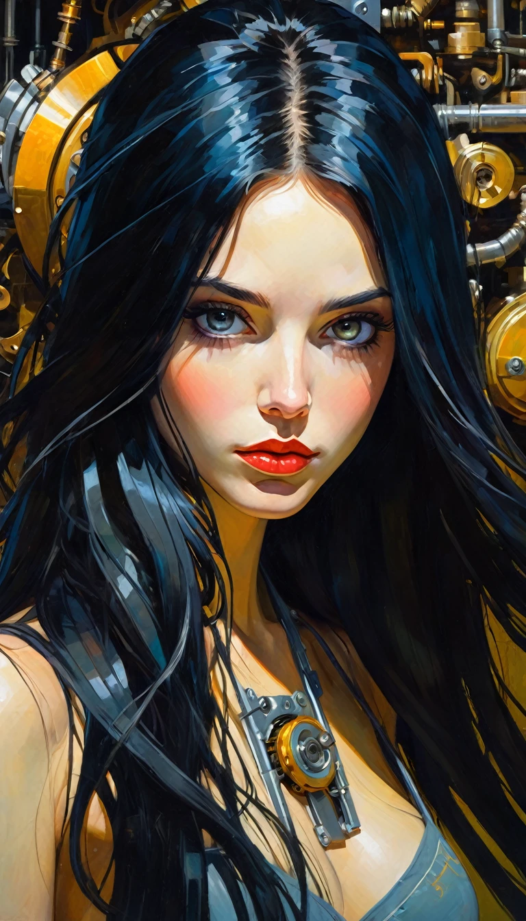 a mechanical girl with long black hair, beautiful and cute face, detailed mechanical body, highly realistic, oil painting, best quality, masterpiece, cinematic lighting, dramatic shadows, vibrant colors, dynamic composition, art inspired by Bill Sienkiewicz