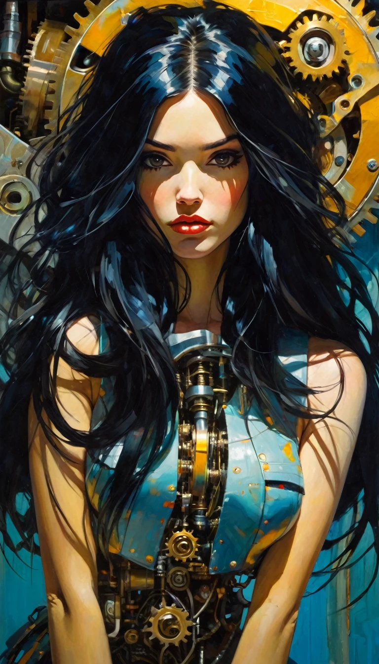 a mechanical girl with long black hair, beautiful and cute face, detailed mechanical body, highly realistic, oil painting, best quality, masterpiece, cinematic lighting, dramatic shadows, vibrant colors, dynamic composition, art inspired by Bill Sienkiewicz
