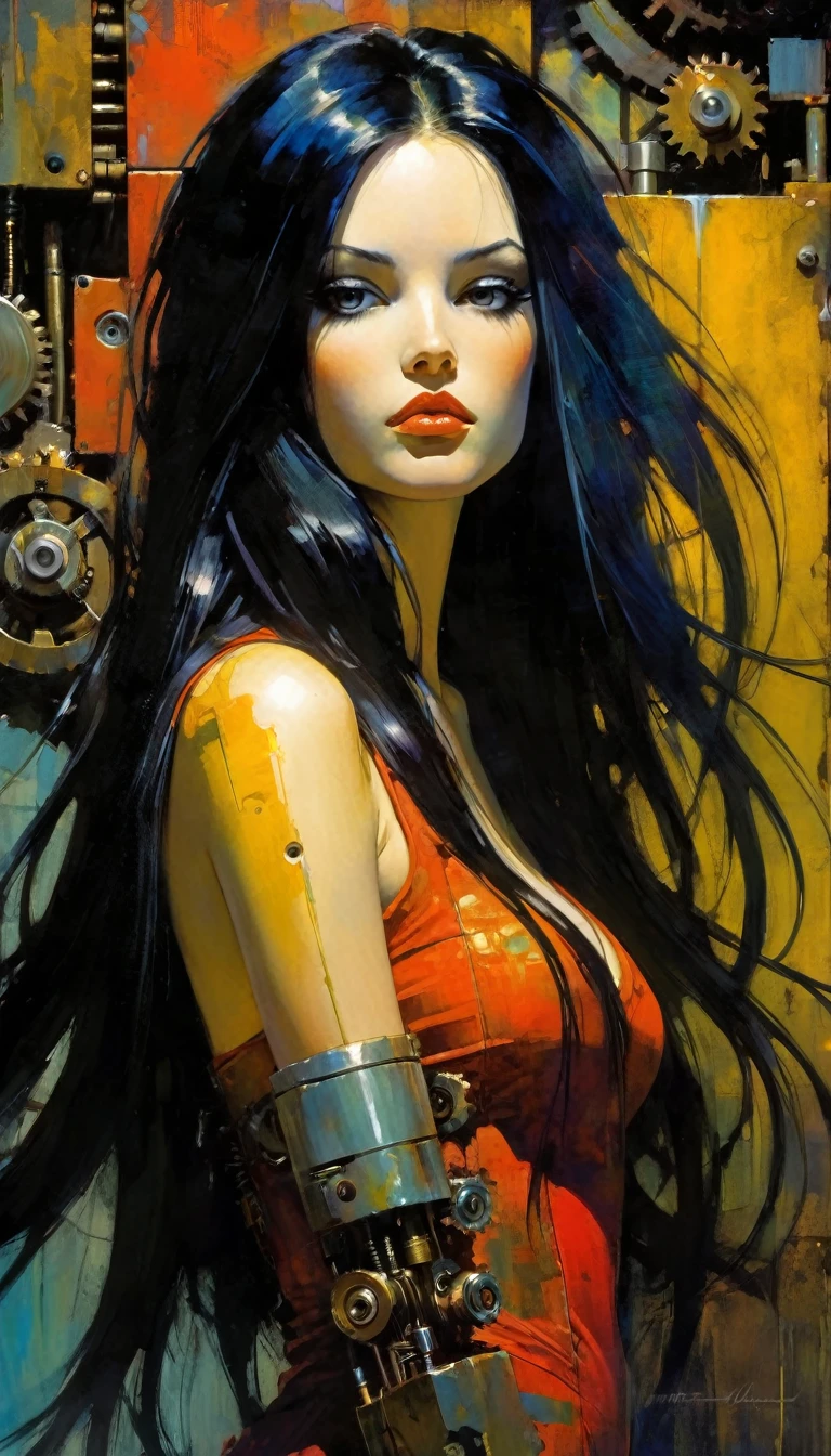 a mechanical girl with long black hair, beautiful and cute face, detailed mechanical body, nude, mechanical breasts, mechanical parts, very realistic, oil painting, best quality, masterpiece, cinematic lighting, dramatic shadows, vibrant colors, dynamic composition , art inspired by Bill Sienkiewicz, (best quality,4k,8k,highres,masterpiece:1.2),ultra-detailed,(realistic,photorealistic,photo-realistic:1.37),intricate details,vivid colors,sharp focus,professional,Dave McKean artwork, oil touch of surrealism,oil painting style,
