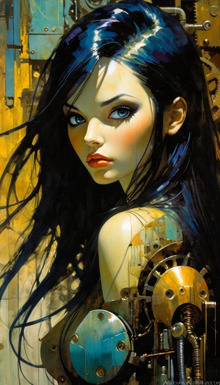 a mechanical girl with long black hair, beautiful and cute face, detailed mechanical body, highly realistic, oil painting, best quality, masterpiece, cinematic lighting, dramatic shadows, vibrant colors, dynamic composition, art inspired by Bill Sienkiewicz
