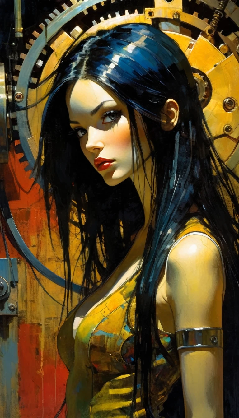 a mechanical girl with long black hair, beautiful and cute face, detailed mechanical body, highly realistic, oil painting, best quality, masterpiece, cinematic lighting, dramatic shadows, vibrant colors, dynamic composition, art inspired by Bill Sienkiewicz