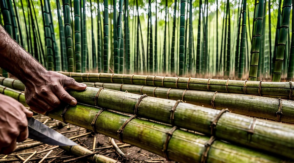 close-up image of arms and hands holding the machete - machete - cut bamboo grove - to kill each five hands individually - five machete - cut bamboo grove inside the forest - violently