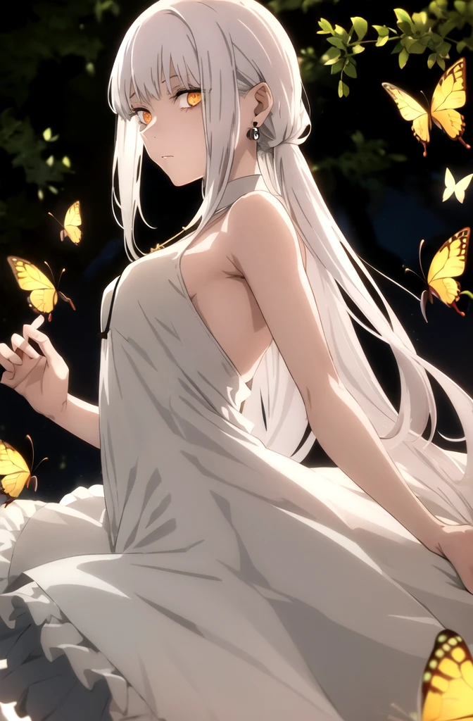 1girl, makima, (makima from Chainsaw man anime)solo, jewelry, earrings, bug, white long_hair, butterfly, hair_ornament, looking_at_viewer, parted_lips, white_hair, upper_body, butterfly_hair_ornament, bangs, bare_shoulders, red_eyes, (red dress), eyelashes, sleeveless, side view, standing, (white hair)) (ringes eyes) forest background ((night)) ((cross arms) ((detailed eyes))