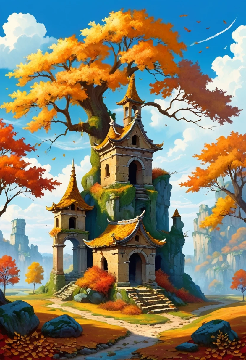 , Late autumn ruins, high quality, Very detailed, illustration, Dough, canvas, , fantasy,