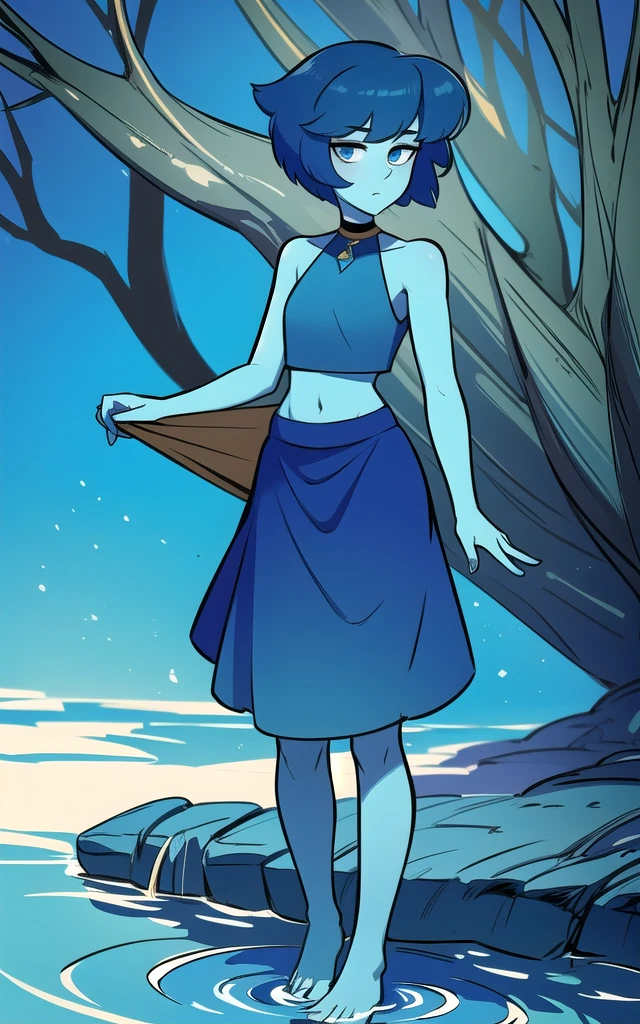 8k, highres, (masterpiece:1.2), (best quality:1.2), ultra-detailed, (an extremely delicate and beautiful), intricate , beautiful eyes,1girl,female, solo, ((blue skin)), blue eyes, colored skin, lapis lazuli \(steven universe\), sulapislazuli, ((short hair)),standing, full body,  cowboy shot, ((blue crop top)), skirt,barefoot, water,blue  long skirt, skirt, bare shoulders , sleeveless , neckline, she is stuck in quicksand 