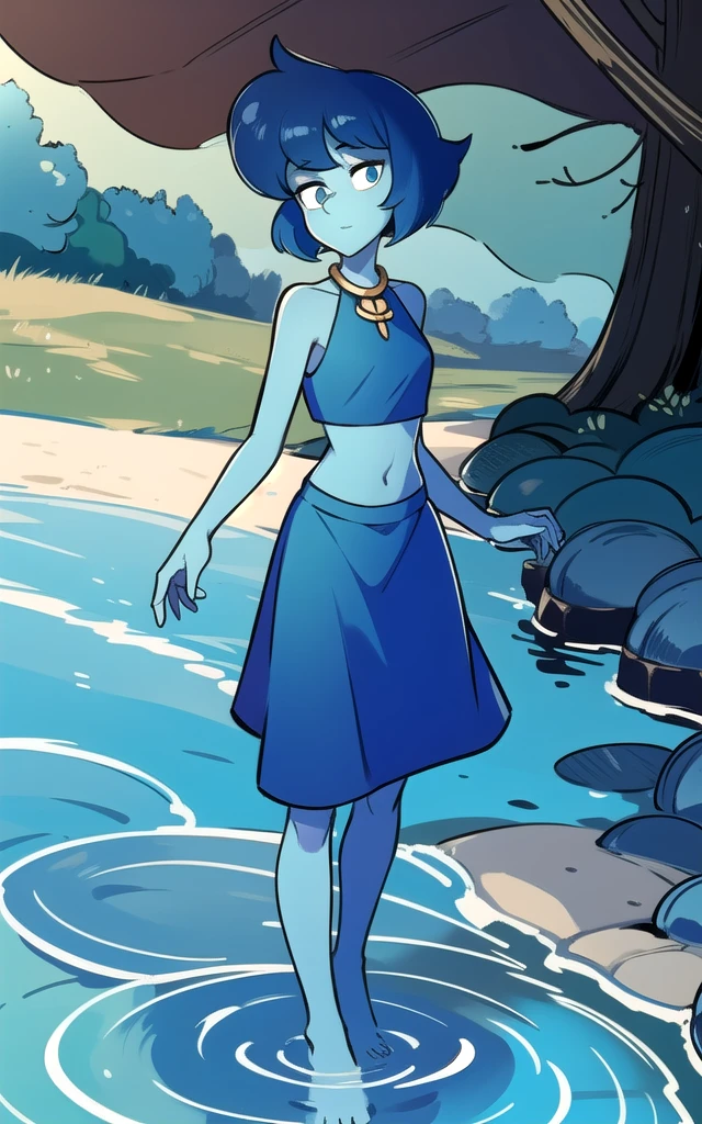 8k, highres, (masterpiece:1.2), (best quality:1.2), ultra-detailed, (an extremely delicate and beautiful), intricate , beautiful eyes,1girl,female, solo, ((blue skin)), blue eyes, colored skin, lapis lazuli \(steven universe\), sulapislazuli, ((short hair)),standing, full body, cowboy shot, ((blue crop top)), skirt,barefoot, water,blue long skirt, skirt, bare shoulders , sleeveless , neckline, she is stuck in quicksand