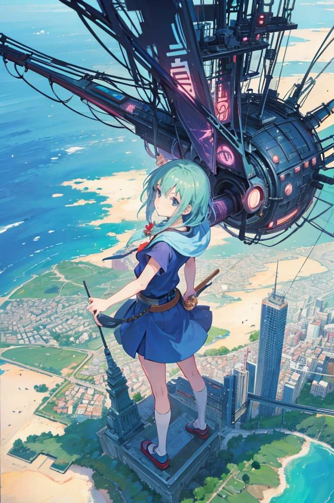 city seen from above, with anime style, Studio ghibli
