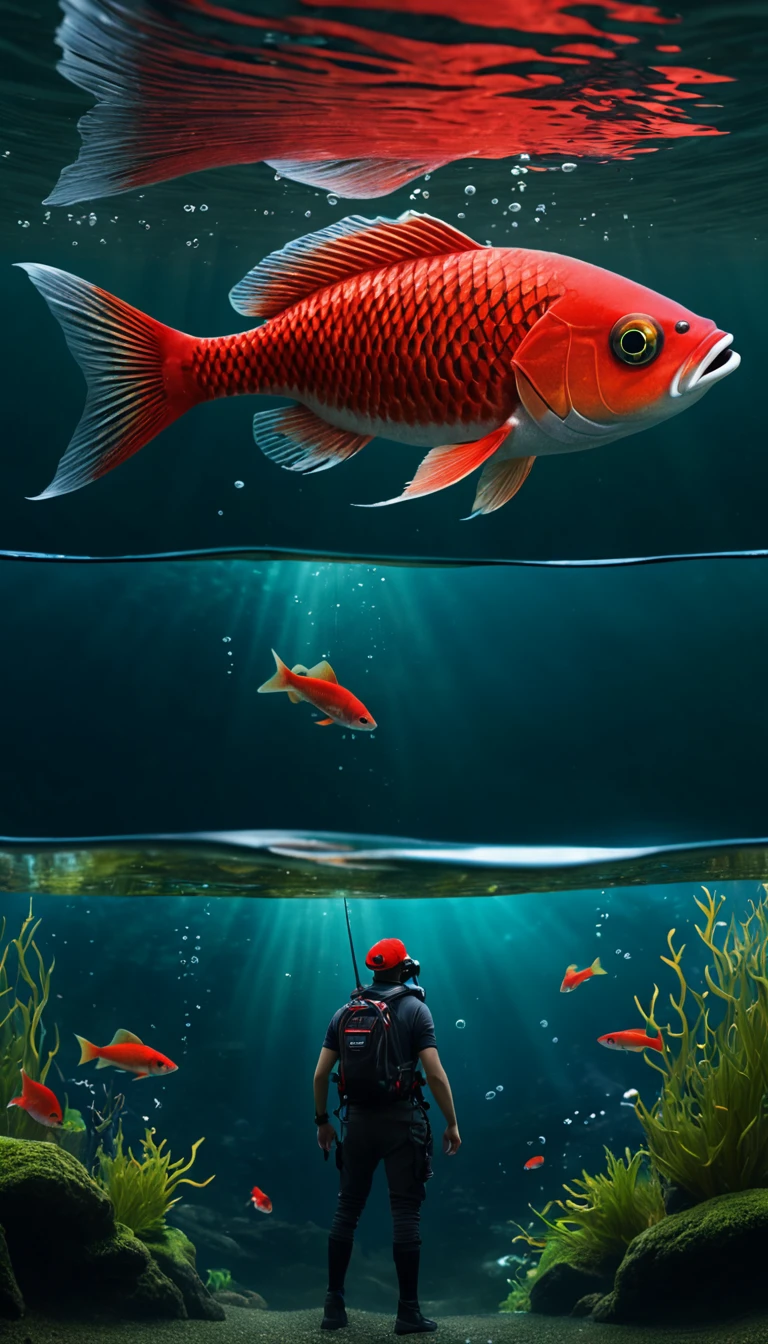 Panorama，There is a red fish in the water，Has a human face，Mysterious Creatures, shrike, (best quality，4K，8K，High level，masterpiece：1.2），Ultra Detailed，（lifelike，Photo real，Photo real：1.37），Highly detailed animals，Complex patterns，Realistic lighting，Fantasy Creatures