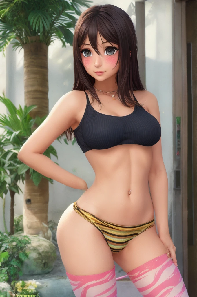 Anushka Sharma,solo,medium sized breasts,English white coloured skin,cutest,blushing,natural pink lips,thick thighs,black panty visible through transparent leggins,striped shirt,navel, beautiful fall seasoned park bg, bold eyelashes, hourglass body, piercing on navel, flexing 4 pack abs, adjusting hair with one hand