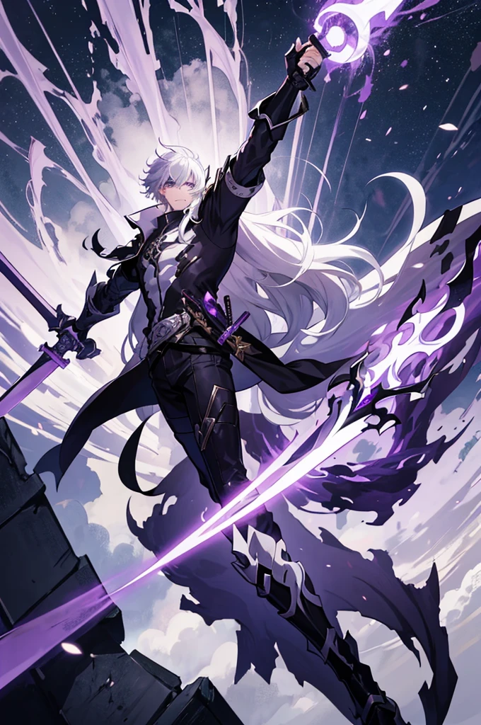 A 25 years old anime man with white hair, holding a kamish wrath  Dagger, Wearing a dark and purple Armor 