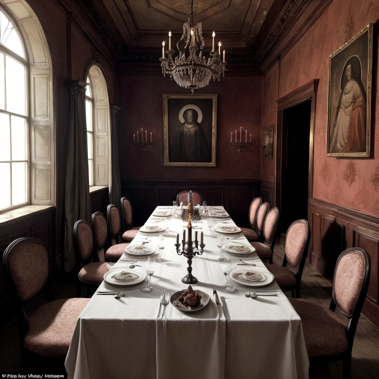 A table where there are 6 (Six) ghost having dinner (Reference to the Holy Supper painting) with your cutlery in hand, on the table there are wines, the environment looks a bit old with cobwebs lining the ceiling a bit gloomy
