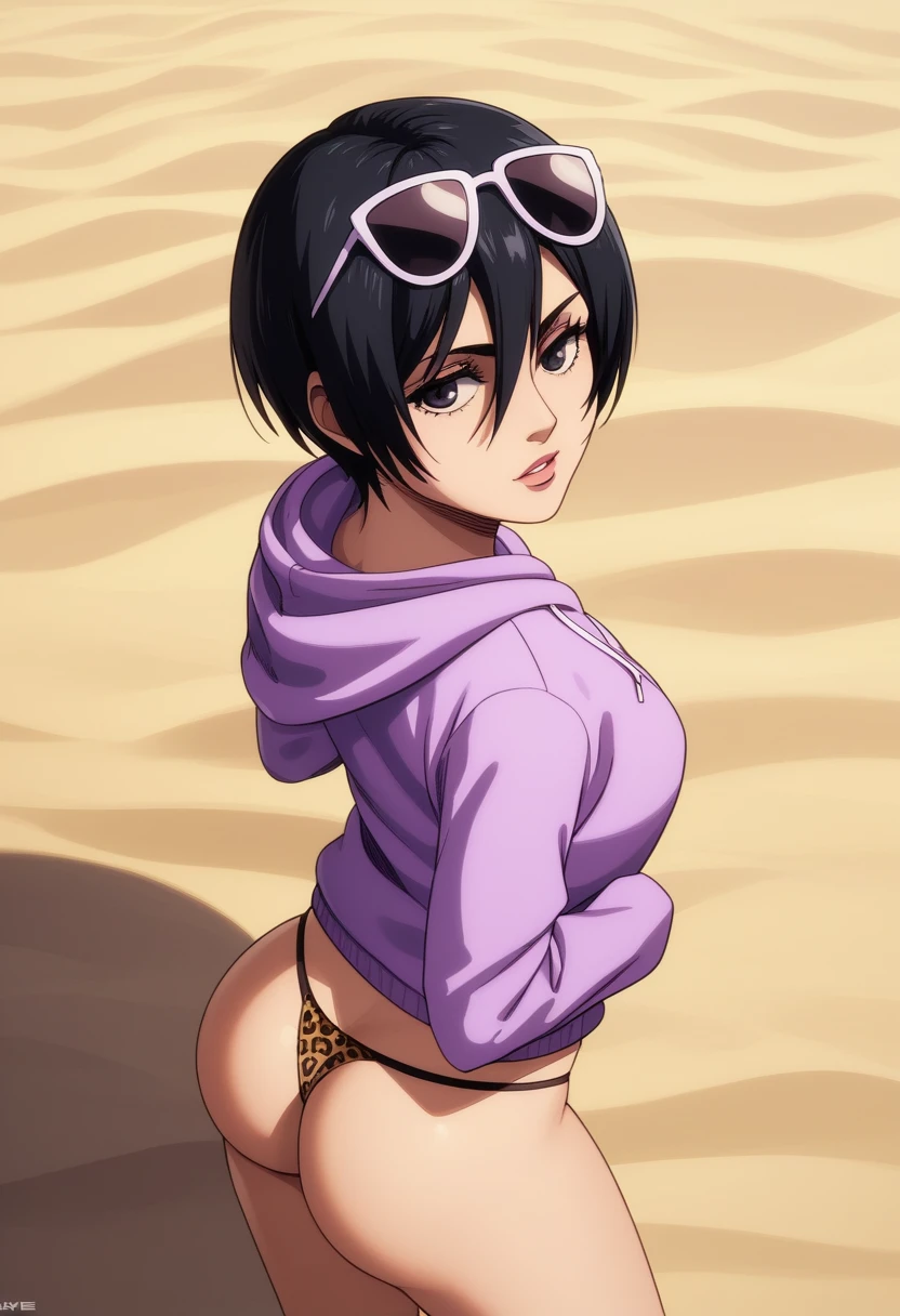 score_9_up, score_8_up, score_7_up, 1girl, solo, mature female, Mikasa, very short black hair, pixie cut, dark grey eyes, pink lips, parted lips, fit slim body, ((perfect medium erected breast)), (((lilac hoodie, leopard tight thong, sunglasses on her head))), rosy cheeks, wide hips, sand beach, looking at the viewer, standing in seductive pose and showing her ass, from behind