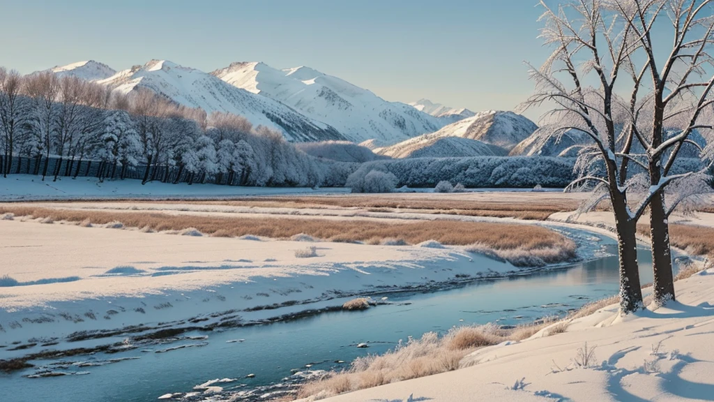 (Masterpiece, Top Quality, Best Quality, Official Art, Beautiful and Aesthetic:1.2), Winter Country Landscapes depict scenes of the countryside in winter, often with snow-covered fields, frozen rivers and barren trees. These paintings have a blue and white color palette and are known for their serene and peaceful atmosphere.
