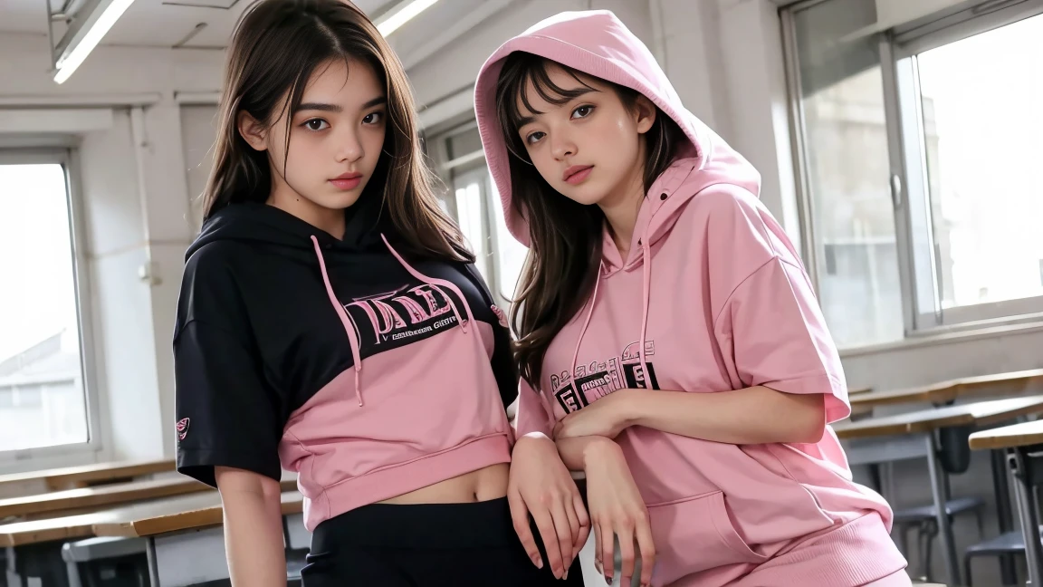deux femmes ensemble de 18 ans sexy et mince , pink short sleeve hoodie , salle de classe, se touche,position sey,sensuel