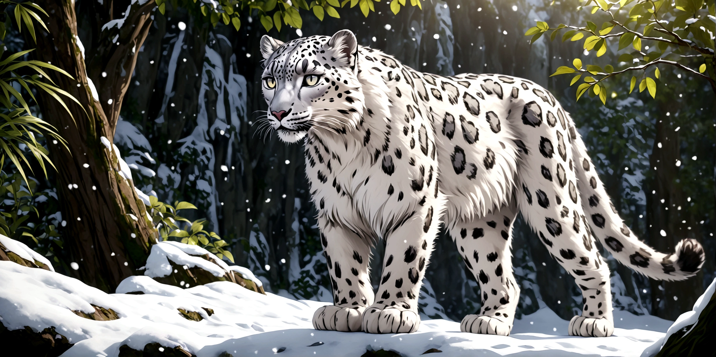 ((Masterpiece)), ((Best Quality)), 8K, HD, Super Detail, (White dress studded with yellow gold rims), (white long hair shawl scattered), (Expression beautiful eyes), (standing under a tree), (snow leopard ears), (snow leopard todoroki shoto), (long snow leopard tailed), (snow leopards), (beautiful jungle), (Full Body Display 1.4) The artwork is a masterpiece, with the best quality and super detail, captured in 8K HD. Photographic realistic, realistic, very detailed illustrations realistic, octane rendering