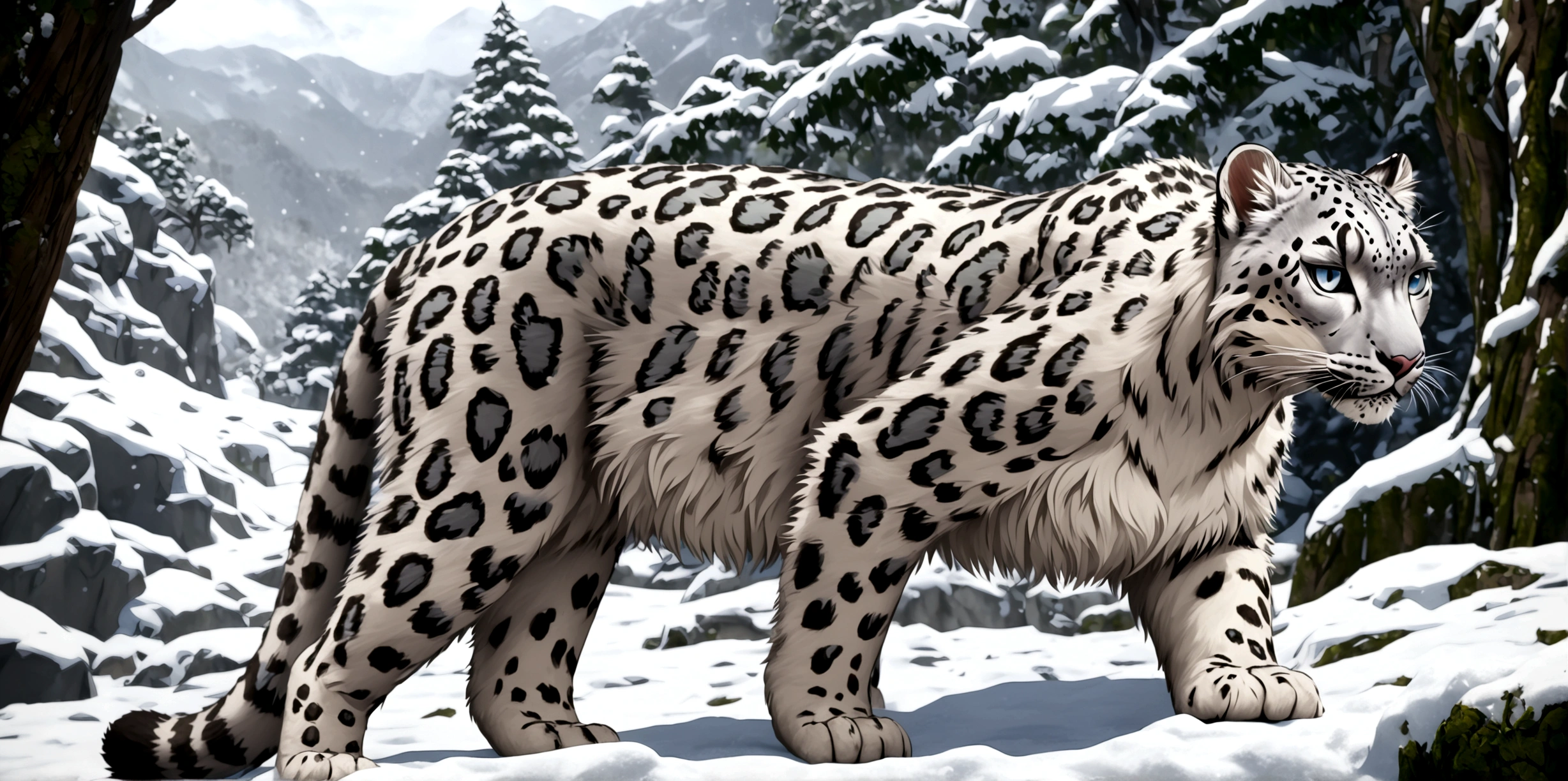 ((Masterpiece)), ((Best Quality)), 8K, HD, Super Detail, (White dress studded with yellow gold rims), (white long hair shawl scattered), (Expression beautiful eyes), (standing under a tree), (snow leopard ears), (snow leopard todoroki shoto), (long snow leopard tailed), (snow leopards), (beautiful jungle), (Full Body Display 1.4) The artwork is a masterpiece, with the best quality and super detail, captured in 8K HD. Photographic realistic, realistic, very detailed illustrations realistic, octane rendering