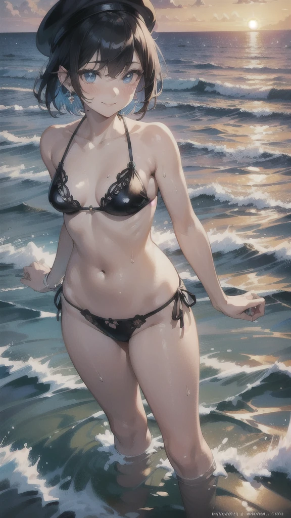 Masterpiece, top quality, best quality, official art, beautiful and aesthetic, anime, 1girl,extremely detailed, colorful, more detailed ((ultra-detailed)), (highly detailed CG illustration),Best Quality, High resolution, Unity 8k Wallpaper, (Illustration:0.8), (Beautiful detailed eyes:1.6), extra detailed face, Perfect Lighting, extremely details CG, (Perfect hands, Perfect Anatomy), seaside,sea,beach,evening, orangesky,clouds, black short hair,hat,smile, blue eyes,earrings,skinny fit,small breasts,wet, transparent bikini,from above,in middle, soft light
