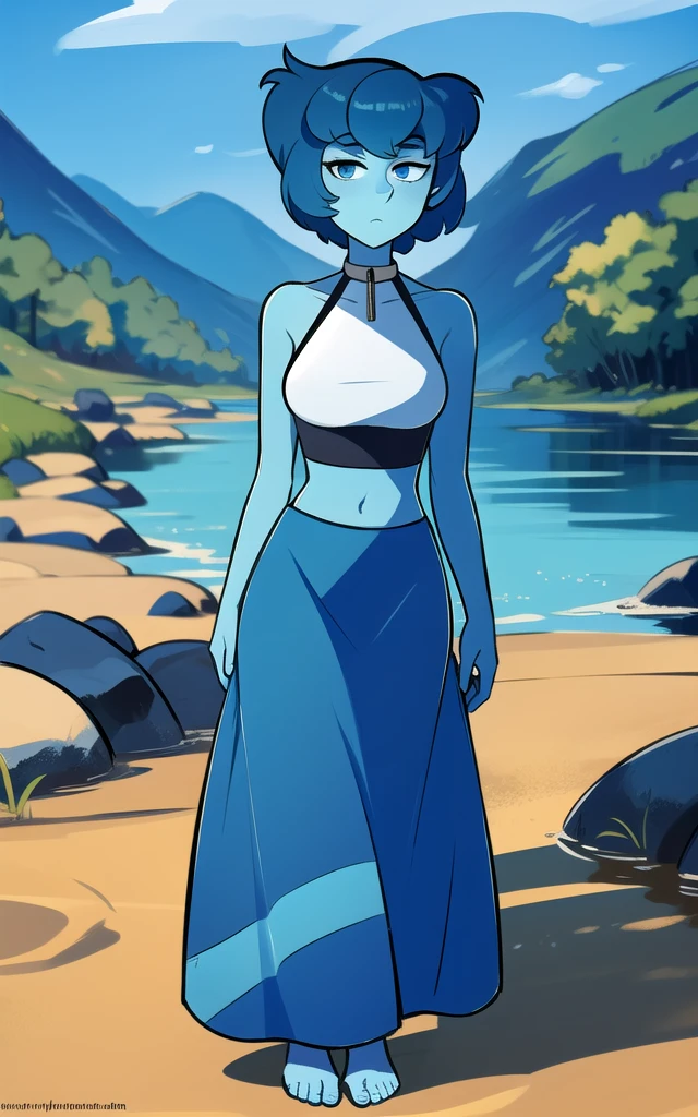 8k, highres, (masterpiece:1.2), (best quality:1.2), ultra-detailed, (an extremely delicate and beautiful), intricate , beautiful eyes,1girl,female, solo, ((blue skin)), blue eyes, colored skin, lapis lazuli \(steven universe\), sulapislazuli, ((short hair)),standing, full body, cowboy shot, ((blue crop top)), skirt,barefoot, water,blue long skirt, skirt, bare shoulders , sleeveless , neckline, she is stuck in quicksand sinking deep reach her pelvis