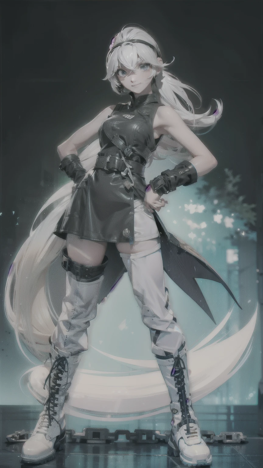 (masterpiece, best quality:1.2), green glowing eyes, danny phantom, white hair, perfect face, white fingerless gloves, white boots, highres, 1 girl, solo, ultra long ponytail, (female:1.5), ,sleeveless turtleneck, evil smile, ,attacking, standing, portrait, looking at viewer, giant chains whip, chains adornment, dancing around chains whip, fullbody shot, cowboy shot, chains whip around circle