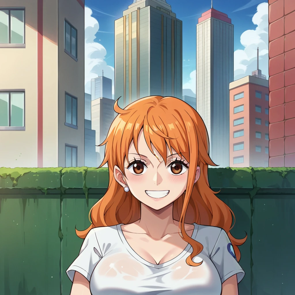 score_9, score_8_up, score_7_up, score_6_up, score_5_up, score_4_up, BREAK source_anime,POV,city,outdoor,smile,standing,nami_post, orange hair, long hair, wavy hair, side locks, brown eyes, large breasts, white t-shirt,short sleeves