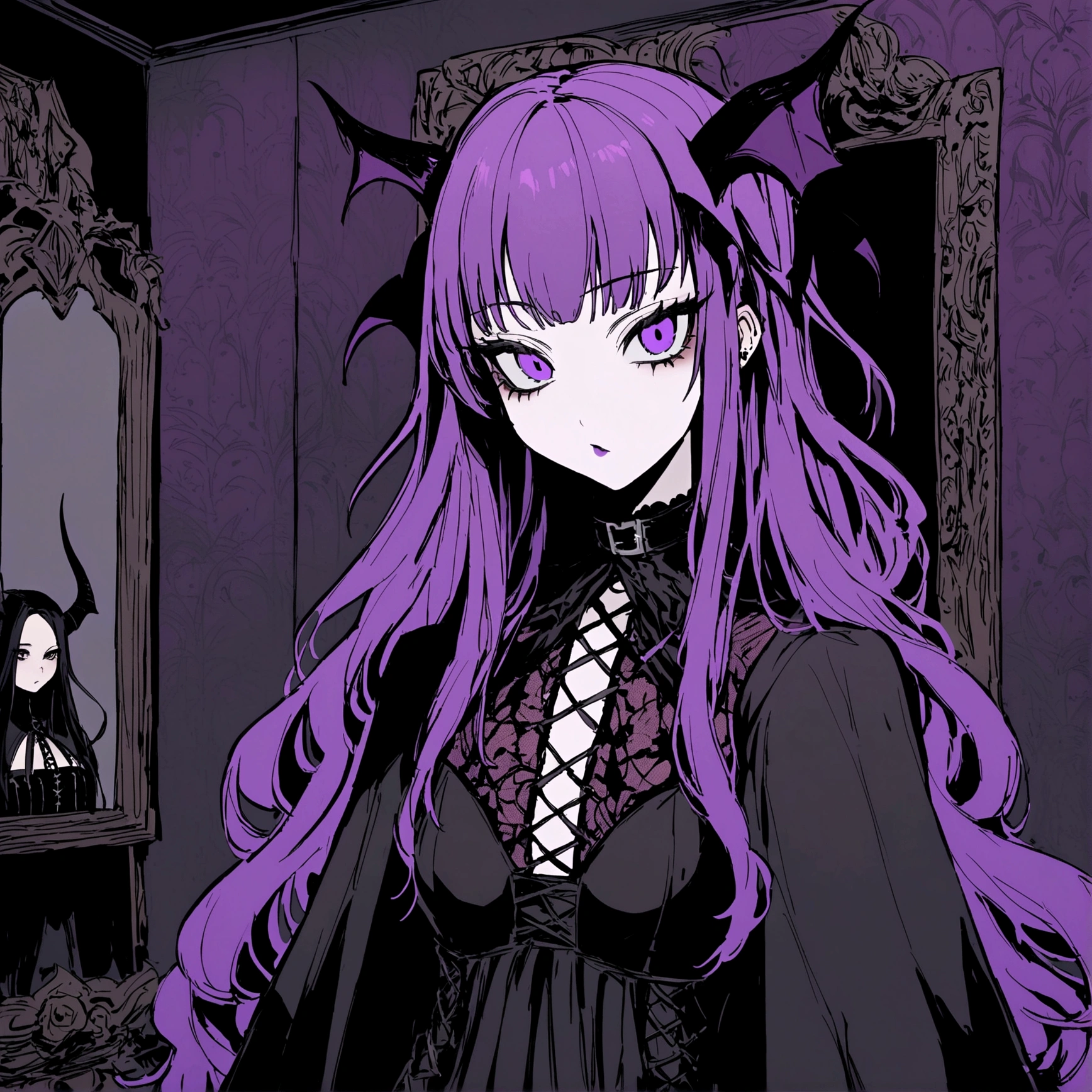 araffe woman with purple hair and a black dress, witchy clothing, portrait of a goth , demon in the room, room, woman in a dark forest, witchcore clothes, portrait of a young witch, fashionable dark witch, gothic clothing, wearing gothic accessories, wearing a gothic dress, demon, succubus