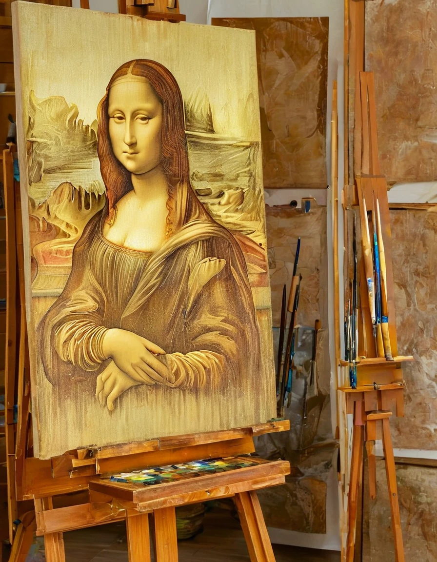 Mona Lisa is in front of an easel with a canvas and is painting Leonardo Da Vinci, the painter