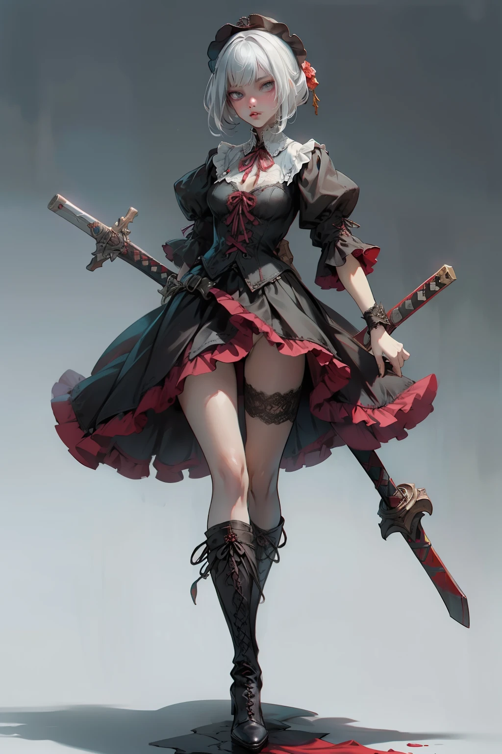 ((best quality)), ((masterpiece)), (detailed), blank white background, plain background, white background, red and white clothing, Bloodborne inspired, occult aesthetic, occult, detailed and intricate steampunk and detailed gothic, NSFW, Very dramatic and cinematic lighting, cosmic horror, grim-dark, side-lighting, perfect face, NSFW, Fluttering lace flared long knee length dress with frilly petticoats, knee length dress, pleated petticoats, ta dress, petticoats gothic lolicomplex lace boots, side-lighting, gothic lolita aetic, wielding a mighty sword with mechanical components, carbine, NSFW, beautiful small breasts, small breasts, full body, whole body, body, plain background, white background, blank background, no background, white background NSFW, full body, whole body, head-to-toe NSFW