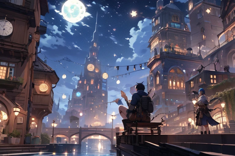 Boy in a building (work of art:1.2), best qualityer,PIXIV,night time scene, scenario, sky, nube, sin humanos, natta, Star (sky), plein-air, tower with central clock, buildings, fancy, Starry sky, natta sky, water, nubey sky, citys, Giant boy with his back to the public in Anime style with blue hair sitting on the balcony of a building with his hands on his knees looking at the moon coloring page, fancy futuristica ultra detalhada, the wind in your face realistic, Looking at the sky, moon in dnd, RPG, Lara Croft Game Design Fanart by Concept Art, behance hd, lively art station, deviantart, Global Moonlight Illumination Radiating a Bright Aura Global Illumination Ray Tracing HDR Rendering in Unreal Engine 4