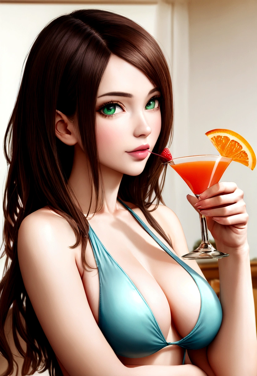 8K, masterpiece, Photo brute, La meilleure qualité, photorealistic, beauty filter 10, fond d'écran CG 8K extrêmement détaillé, depth of field, Cinematic light, glint, laser trace, (extremely beautiful face, beautiful lips, nice eyes), Intricately detailed face, ((Ultra detailed skin)) 1 fille, 21 year old Italian brunette with green eyes, Prise de pose en buvant un cocktail, Island paradise, maillot, photo realiste