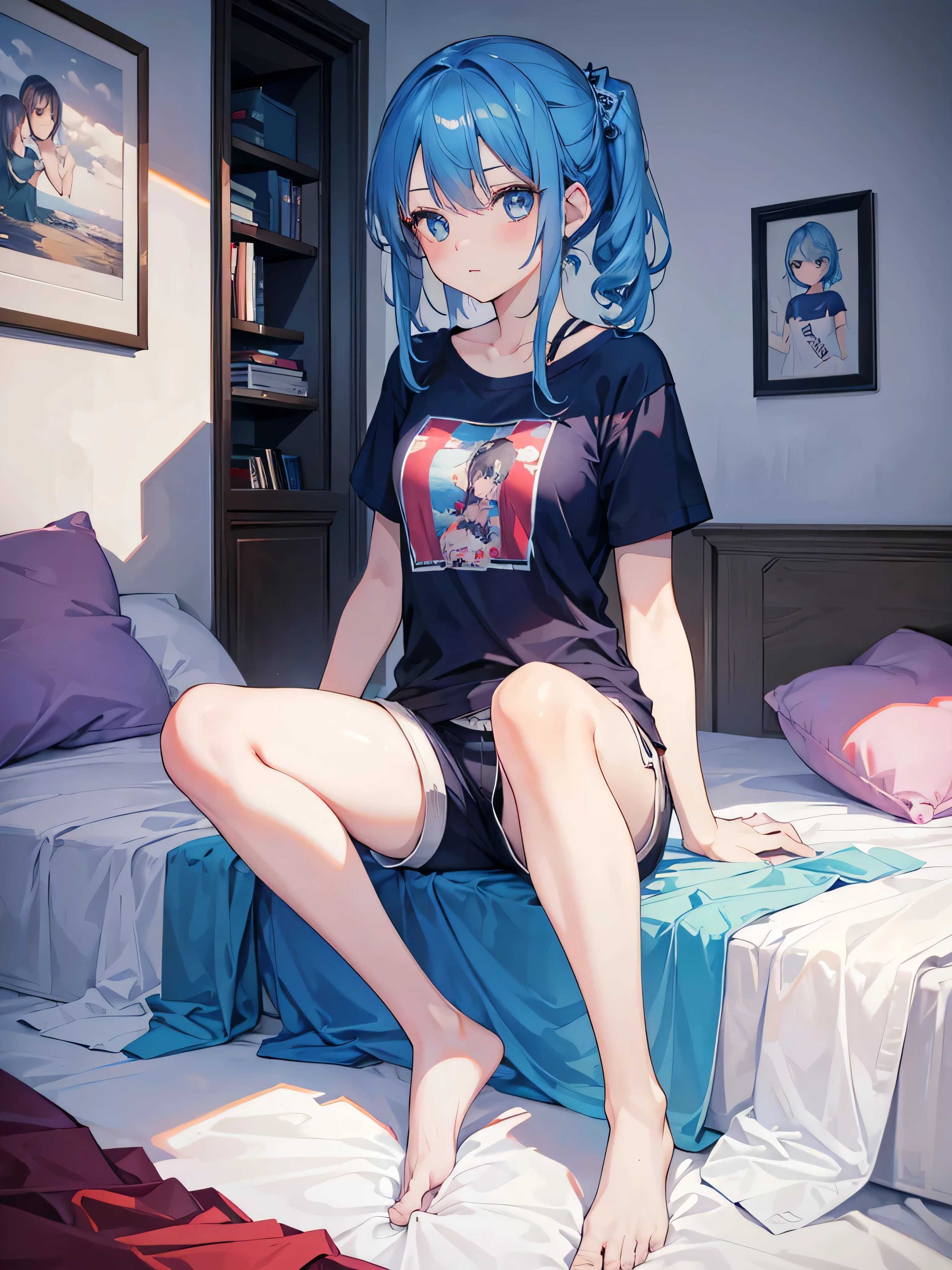 8K, Highest quality, (real:1.4), Original photo, 1 girl, Asari Hair, smart blue eyes,Sit on the bed,Shorts,T-Shirts