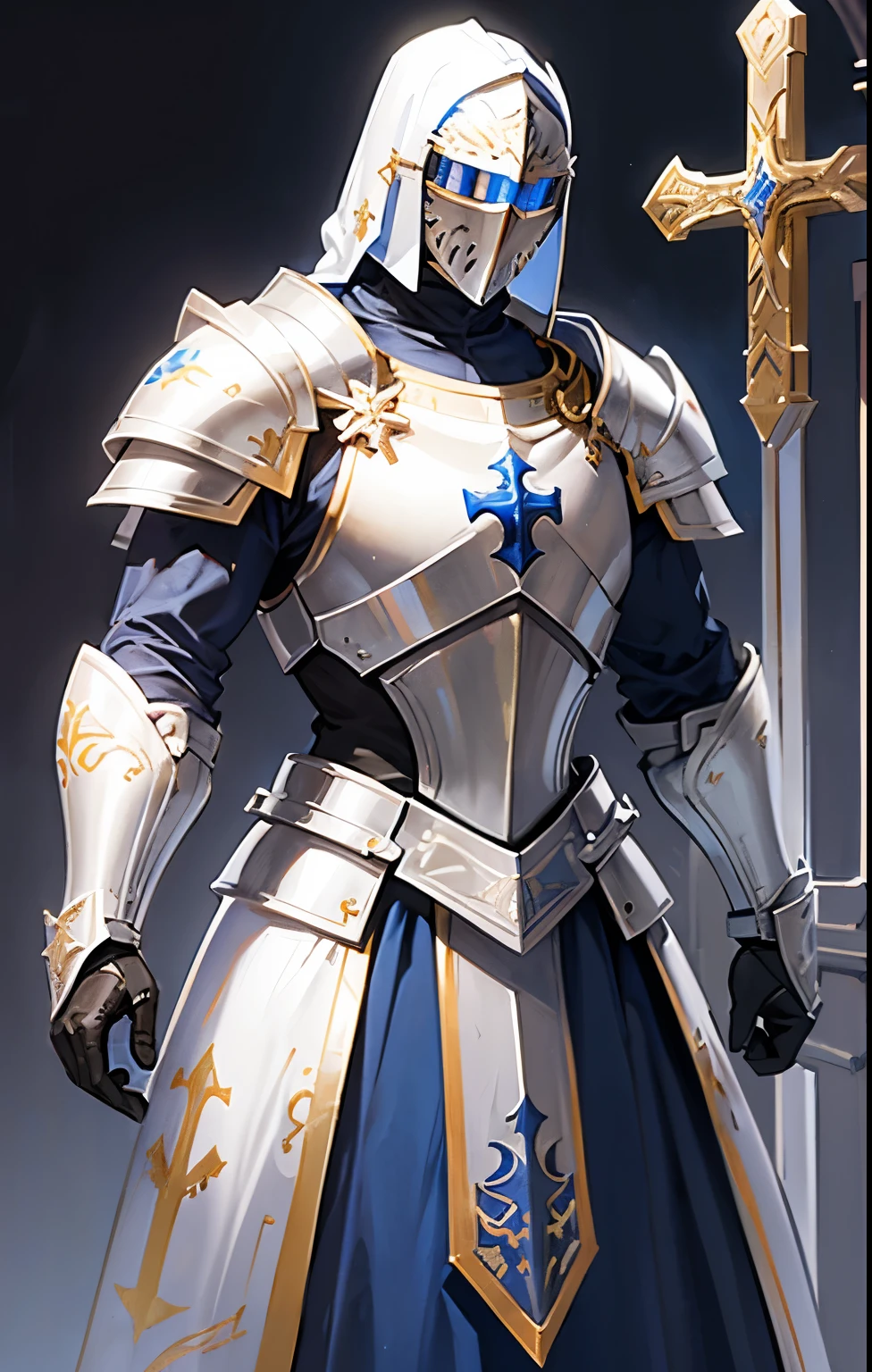 Knight, Christian, Christianity, Knight with Christian designs, male, white blue and gold heavy armor, wearing knight helmet, cross symbol on chest