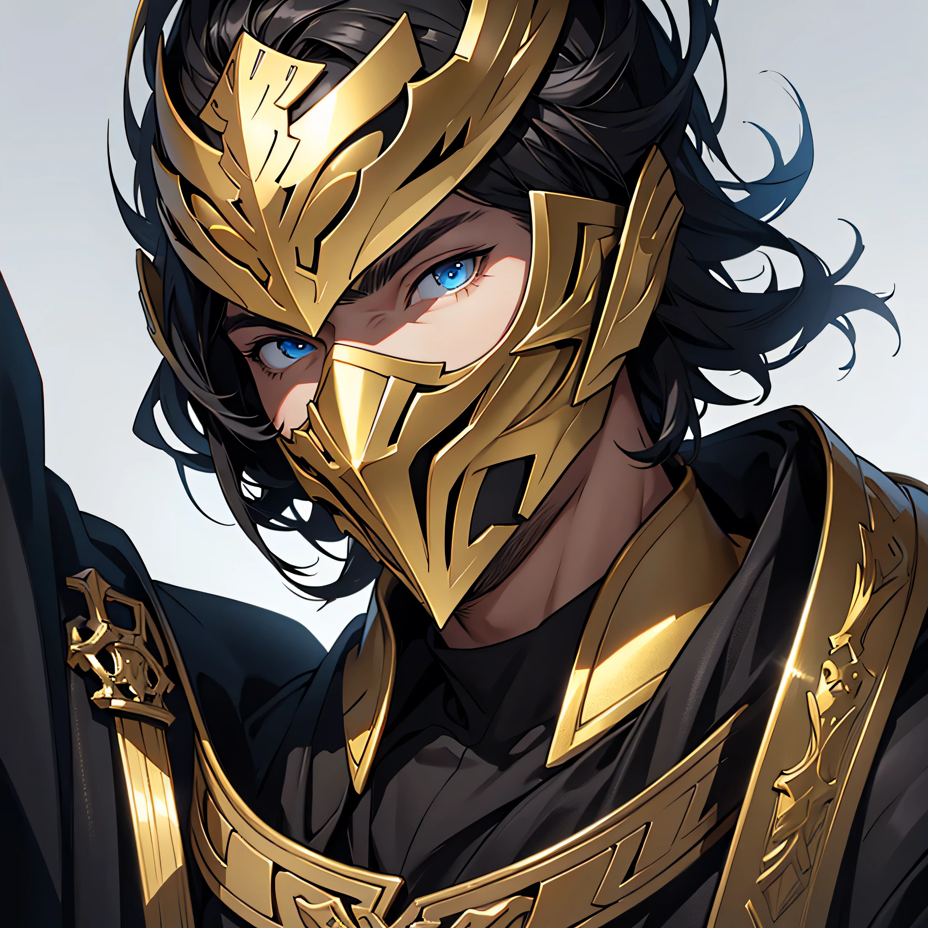 anime, masterpiece, best quality, by professional artist, male, solo, portrait, detailed composition, detailed eyes, white background, short black hair, wearing a black and gold full face helmet that also covers his mouth, black medieval armor, blue eyes