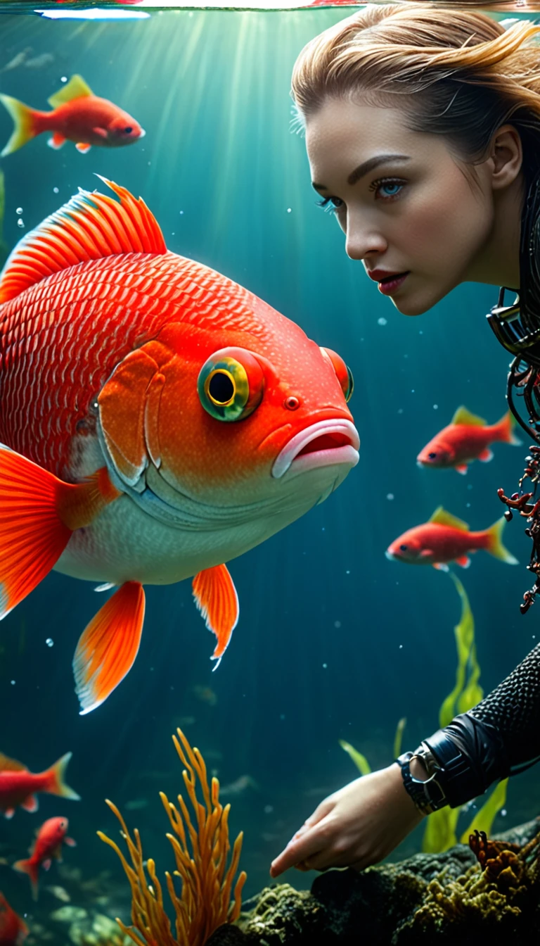 Panorama，There is a red fish in the water，Has a human face，Mysterious Creatures, shrike, (best quality，4K，8K，High level，masterpiece：1.2），Ultra Detailed，（lifelike，Photo real，Photo real：1.37），Highly detailed animals，Complex patterns，Realistic lighting，Fantasy Creatures