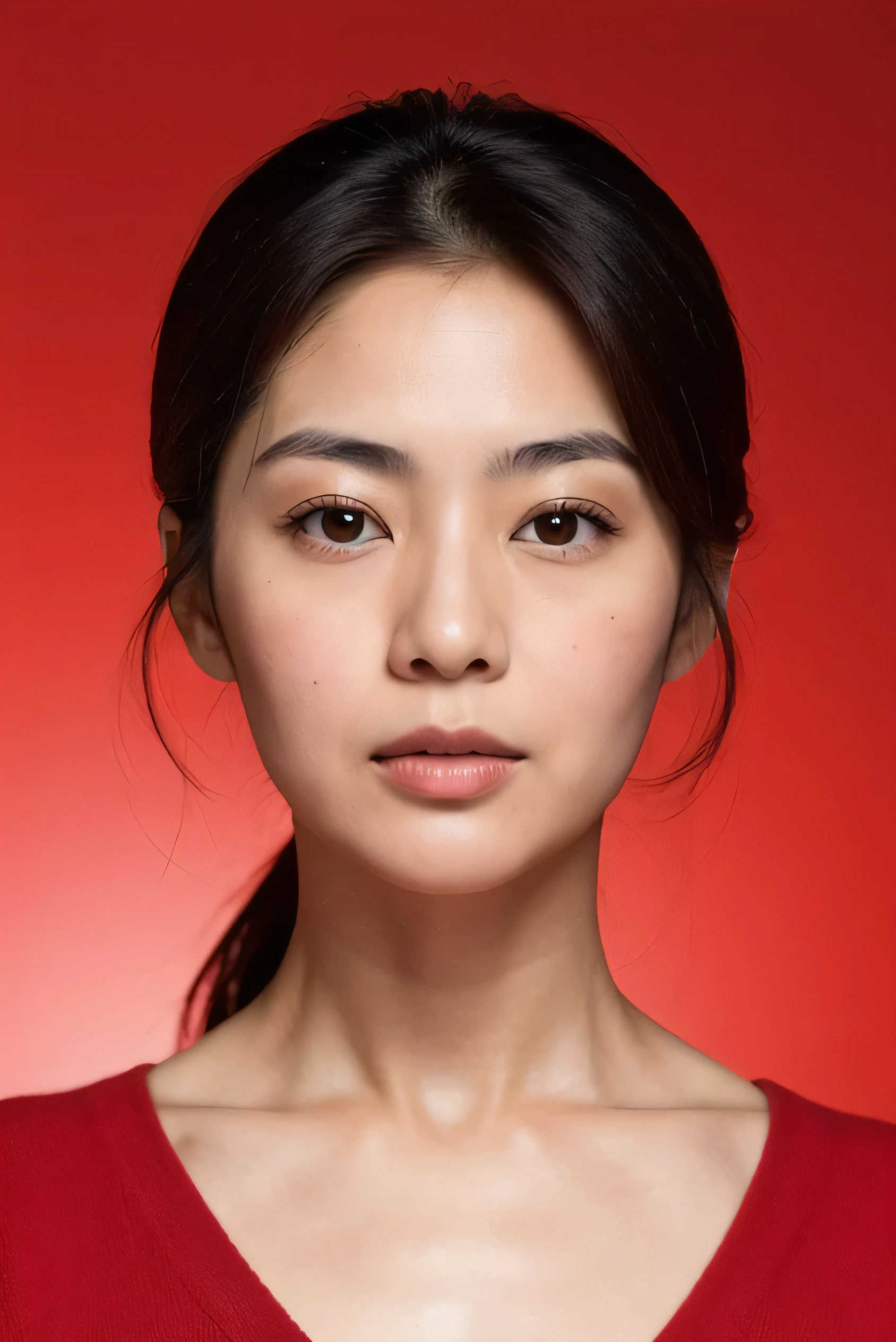 face perfect, beautiful face of a 45 year old Japanese woman, with red background