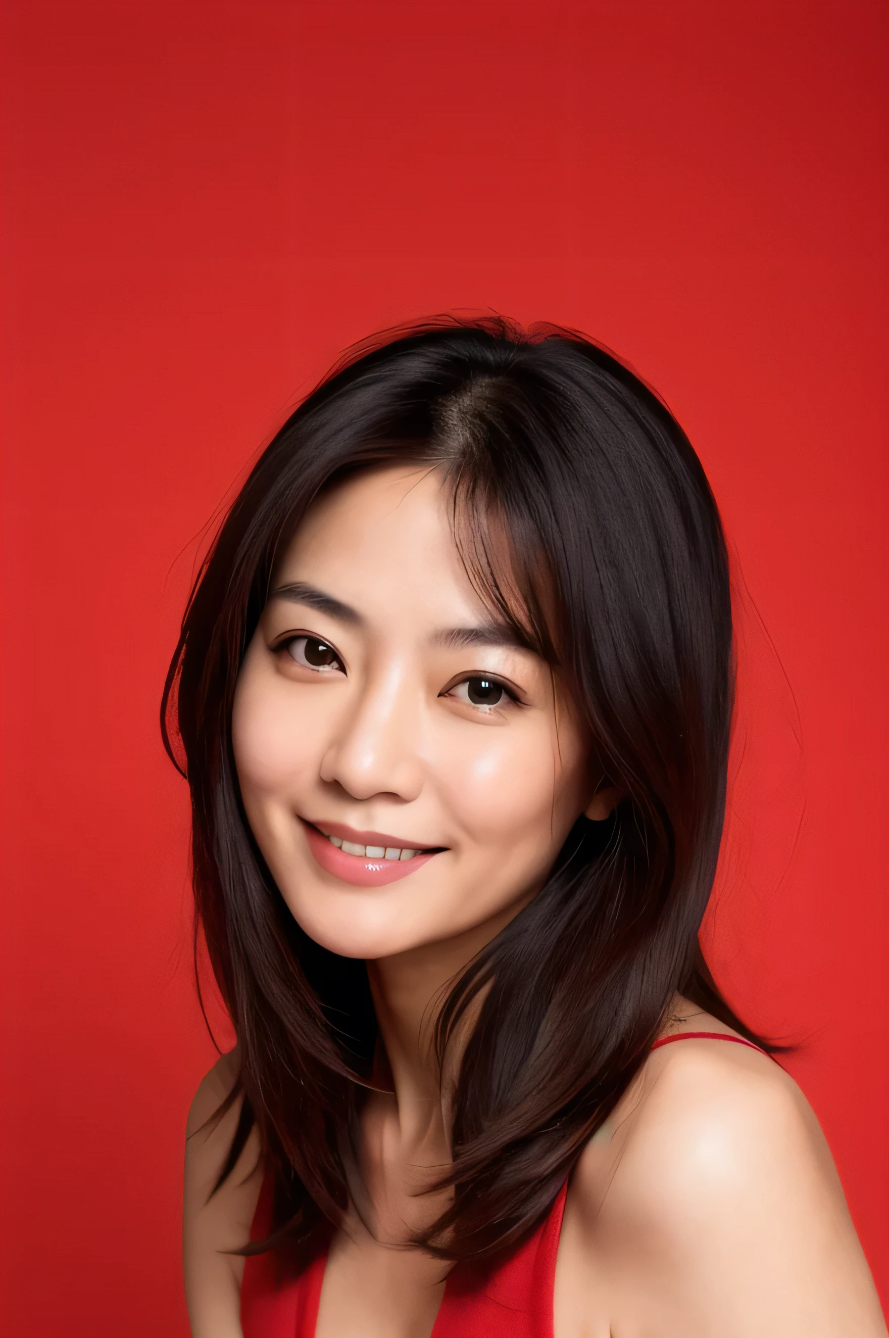 beautiful smile, face perfect, beautiful face of a 45 year old Japanese woman, with red background 