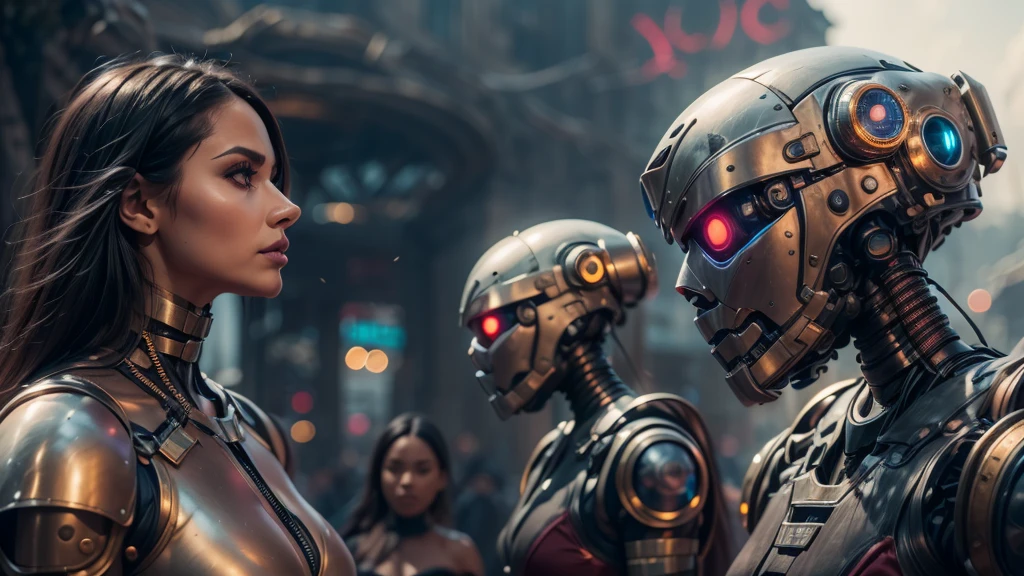 there are two robots that are standing next to each other, machines and futurist robots, death and robots, robot cyborgs, dieselpunk cyborgs, cyber steampunk 8 k 3 d, humanoid robots, still from alita, movie still of aztec cyborg, futuristic robots, from a 2 0 1 9 sci fi 8 k movie