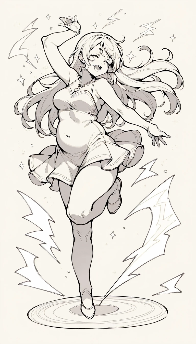 black and white, line art, no shading, full body, live2D character, long hair, chubby, dancing, medium breasts, short dress, lightning effects, coloring book style, sketch,ink drawing, outlines. good anatomical hands