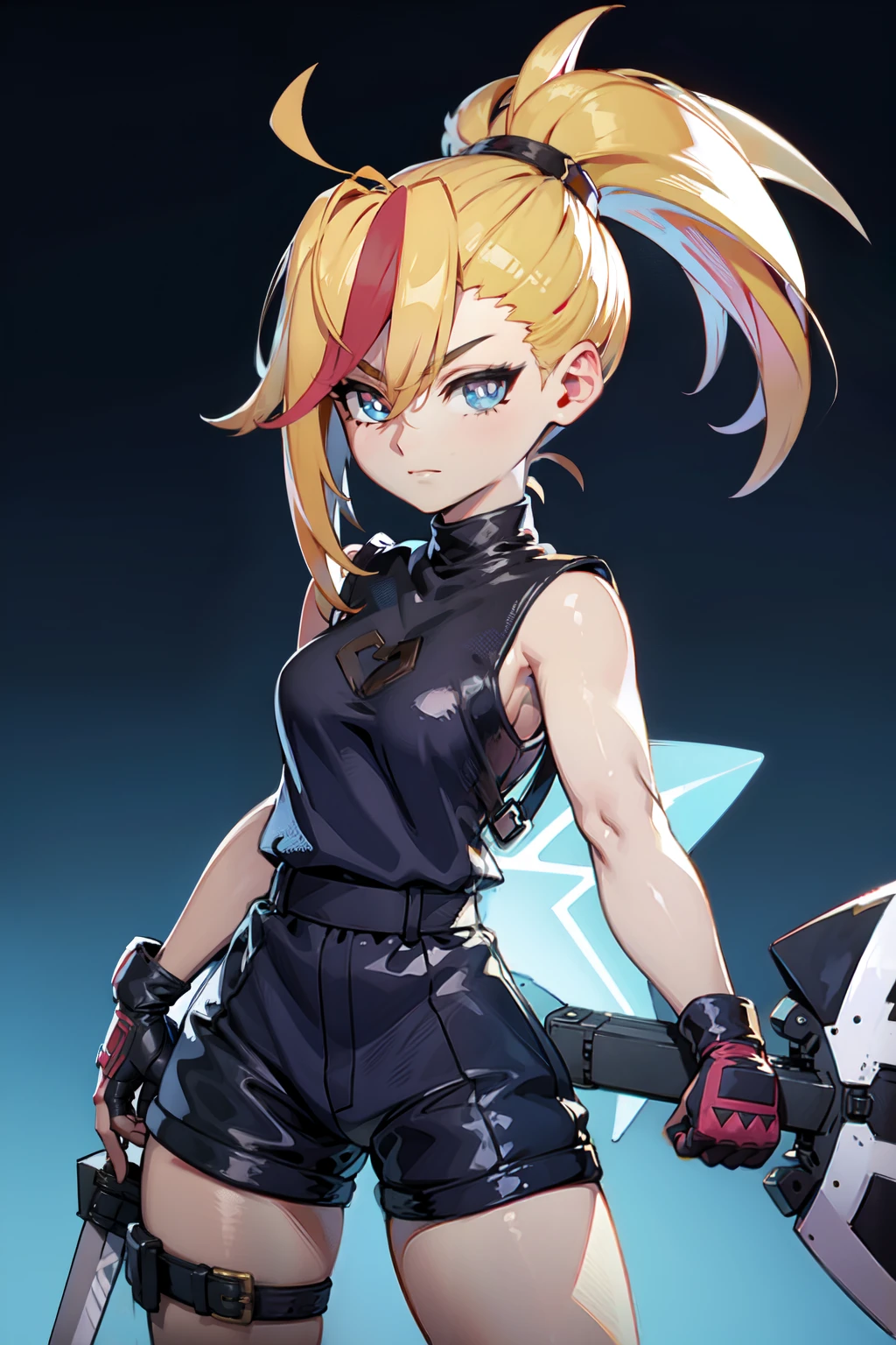 (masterpiece, best quality:1.2), Blue  glowing eyes, perfect face, highres, 1 girl, solo, ultra long ponytail, (female:1.5), strife, blonde hair, shoulder armor, sleeveless turtleneck, suspenders, belt, gloves, bracer, evil smile, standing, portrait, looking at viewer, giant sword on the back