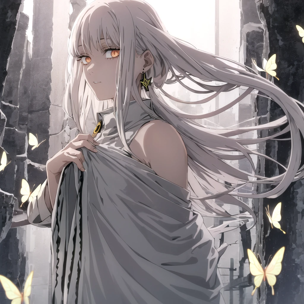 1girl, makima, (makima from Chainsaw man anime)solo, jewelry, earrings, bug, white long_hair, butterfly, hair_ornament, looking_at_viewer, parted_lips, white_hair, upper_body, butterfly_hair_ornament, bangs, bare_shoulders, red_eyes, (red dress), eyelashes, sleeveless, side view, standing, (white hair)) (ringes eyes) forest background ((night)) ((cross arms) ((detailed eyes)) ((front view)))((solo))