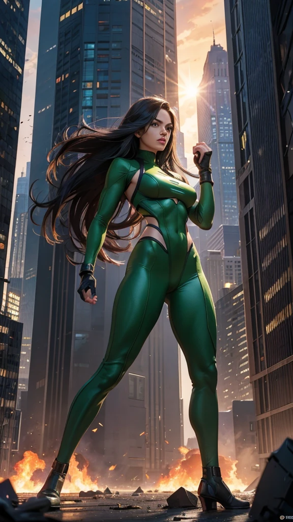 She Hulk, marvel multiverse, avengers endgame, classic sexy suit, traje de super Hero, piel color verde, beautiful, YOUNG, sexy, skinny body, Strong body, musculosa, small and beautiful breasts, nalgas pequeñas y beautifuls, toned abdomen, small waist, Hero, powerful, fighting in New York City, very tall buildings, avengers tower building, alien invasion, Explosions, destruction, burning buildings, realist, Excellent quality, 4k, great definition, imagen realist com gran profundidad, Maximum details, 