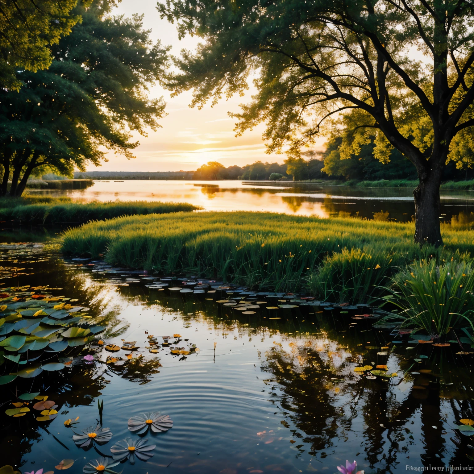best quality,Extremely detailed,Practical:1.37,illuminate,Quiet evening pond,Tranquil scenery,warm sunlight,Babbling water,Reflections of the sky and surrounding trees,Tranquil atmosphere,Soft grass,breeze,Colorful flowers,Calm clear blue water,Water lily floating on the water,Frog croaking,Dragonfly flying in the air,Subtle natural sounds,Gorgeous sunset colors,Soft tones,Soft lighting,A mix of warm and cool colors,Art scene,Impressionist style,Brushstrokes,Subtle changes in light and shadow,Intricate details in leaves,Subtle ripples on the surface of the water,A calm mood,Evoke a feeling of tranquility and peace.