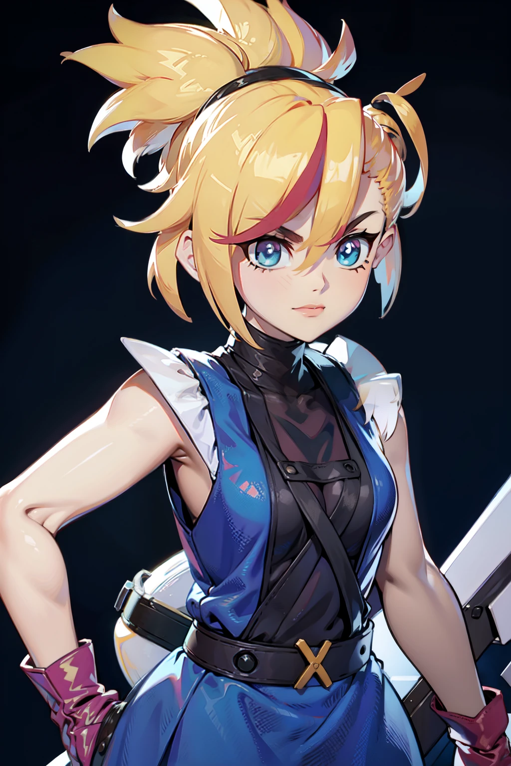 (masterpiece, best quality:1.2), Blue  glowing eyes, perfect face, highres, 1 girl, solo, ultra long ponytail, (female:1.5), strife, blonde hair, shoulder armor, sleeveless turtleneck, suspenders, belt, gloves, bracer, evil smile, standing, portrait, looking at viewer, giant sword on the back