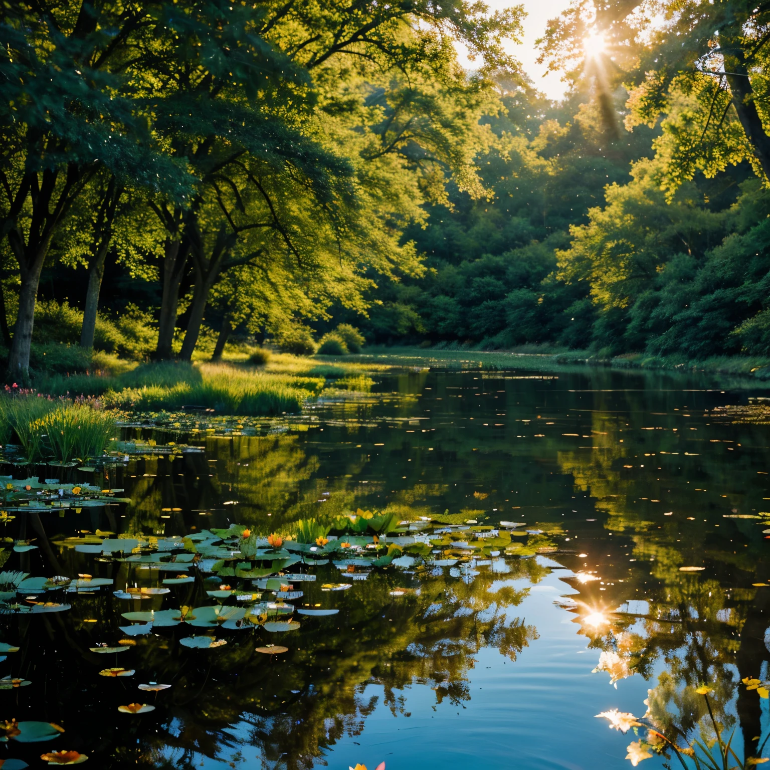 best quality,Extremely detailed,Practical:1.37,illuminate,Quiet evening pond,Tranquil scenery,warm sunlight,Babbling water,Reflections of the sky and surrounding trees,Tranquil atmosphere,Soft grass,breeze,Colorful flowers,Calm clear blue water,Water lily floating on the water,Frog croaking,Dragonfly flying in the air,Subtle natural sounds,Gorgeous sunset colors,Soft tones,Soft lighting,A mix of warm and cool colors,Art scene,Impressionist style,Brushstrokes,Subtle changes in light and shadow,Intricate details in leaves,Subtle ripples on the surface of the water,A calm mood,Evoke a feeling of tranquility and peace.