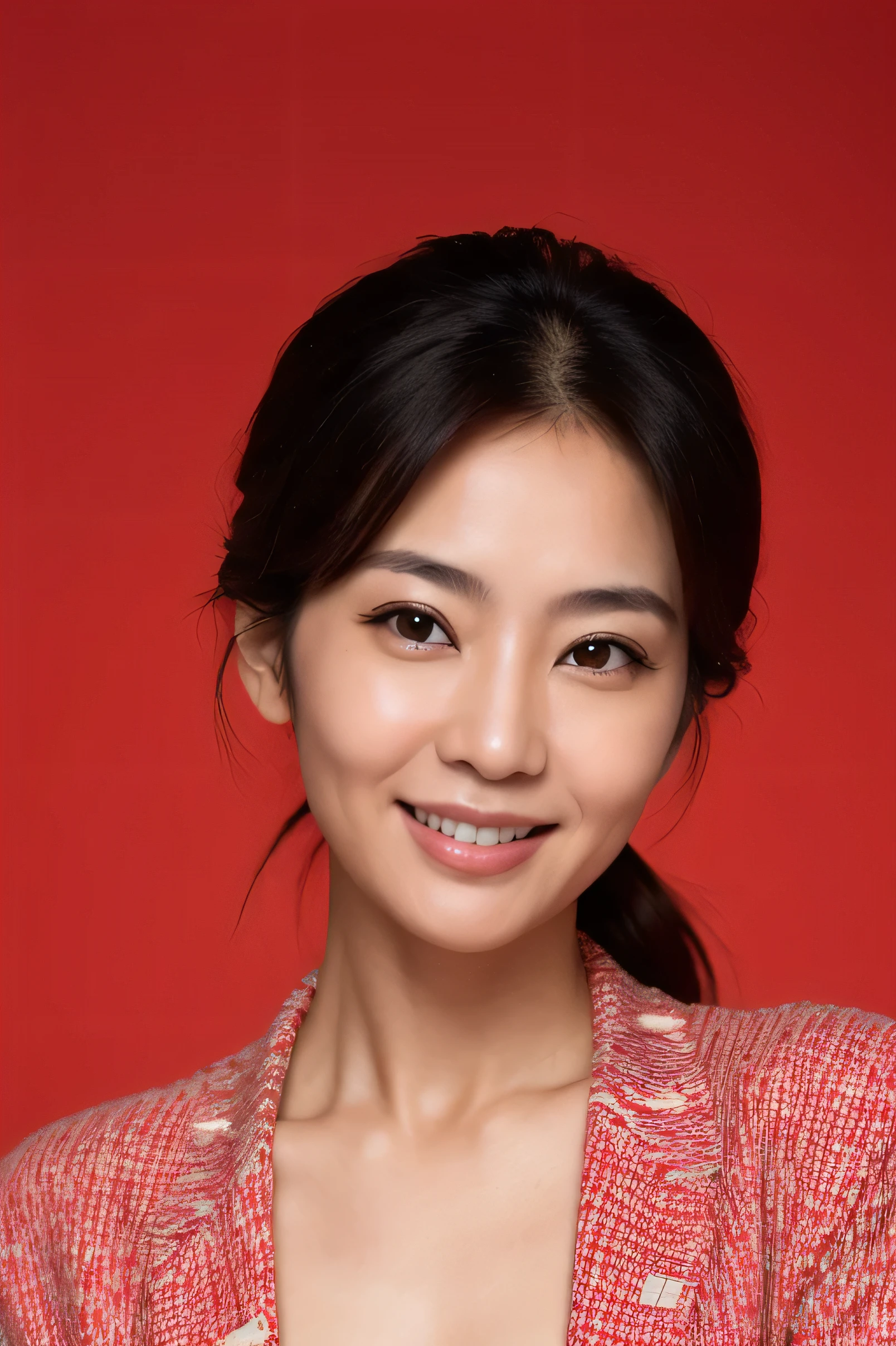 beautiful smile, face perfect, beautiful face of a 45 year old Japanese woman, with red background